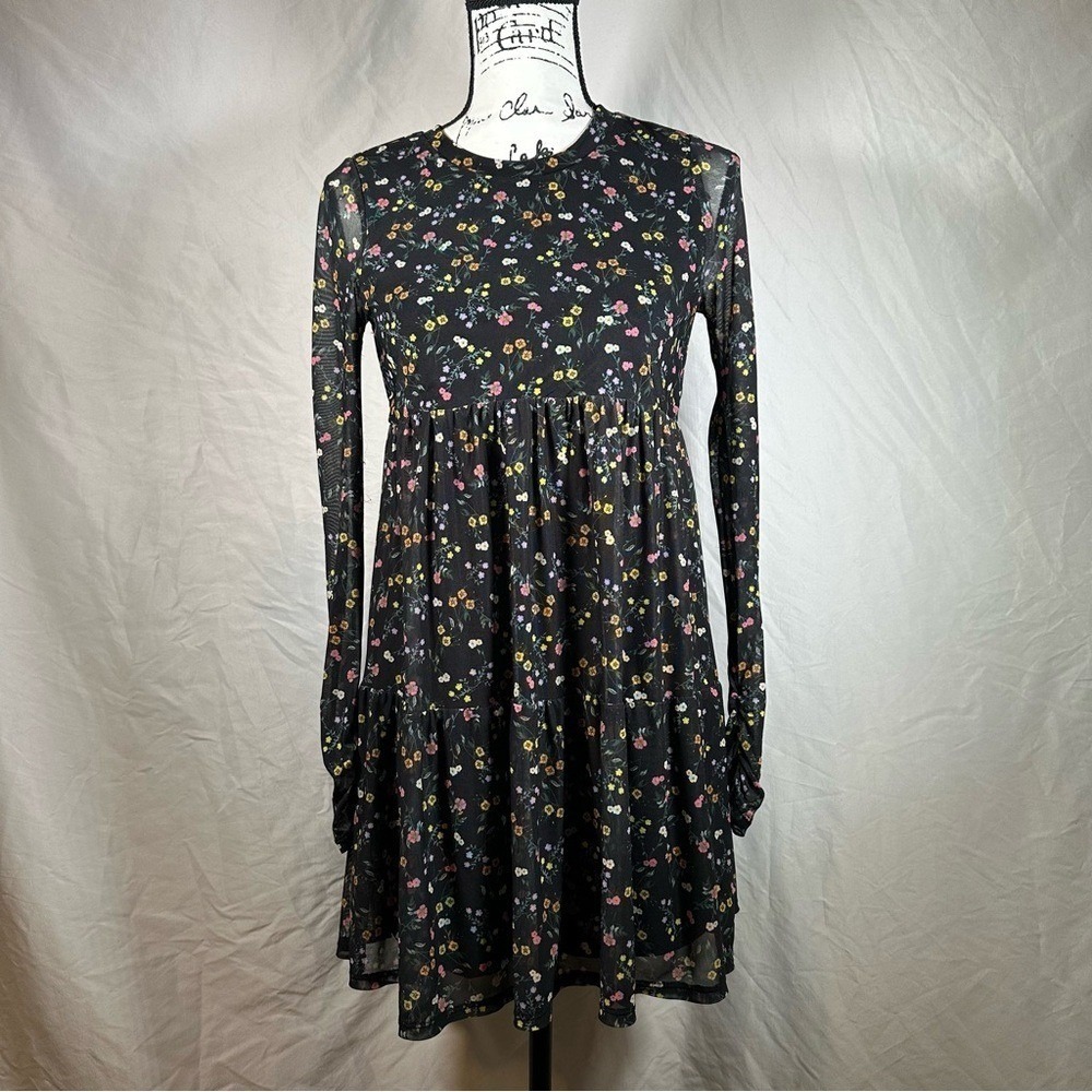 AFRM Baby Doll Mini Dress Women's XS Sheer Long Sleeved Black & Floral Design - Picture 1 of 8
